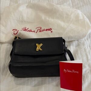 Vintage Paloma Picasso Black Leather Crossbody Bag Gold Logo Designer Purse